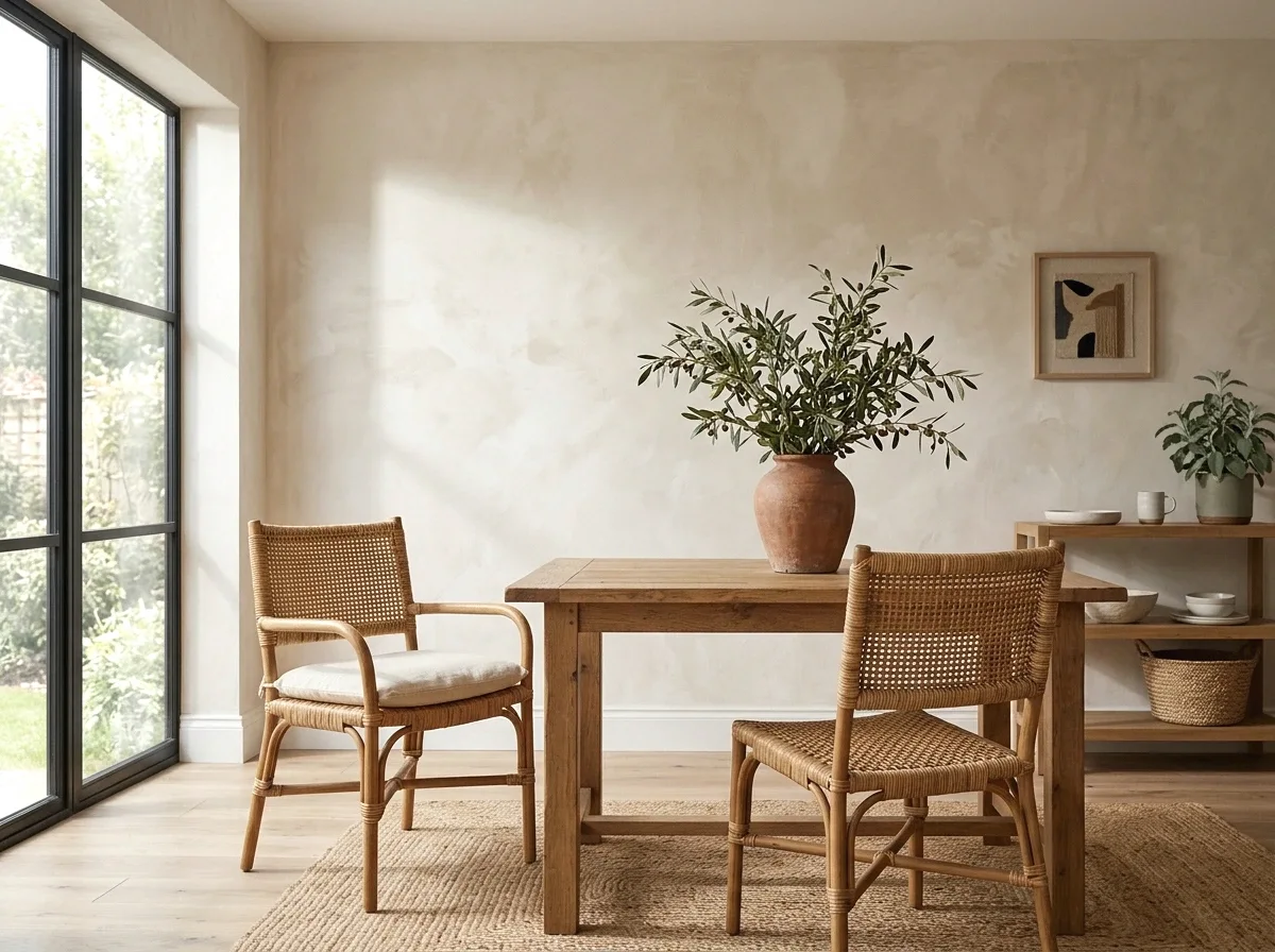 warm white walls with textured plaster or limewash
