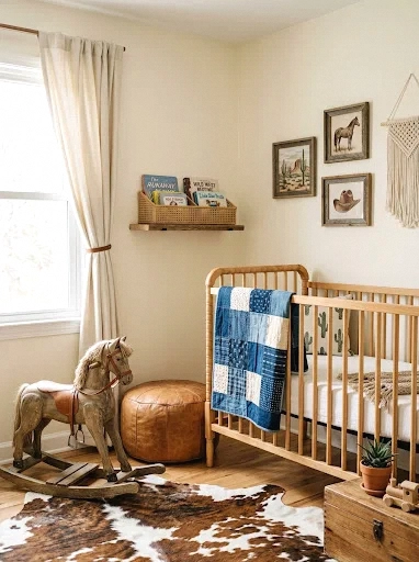 western boho nursery with vintage cowboy touches