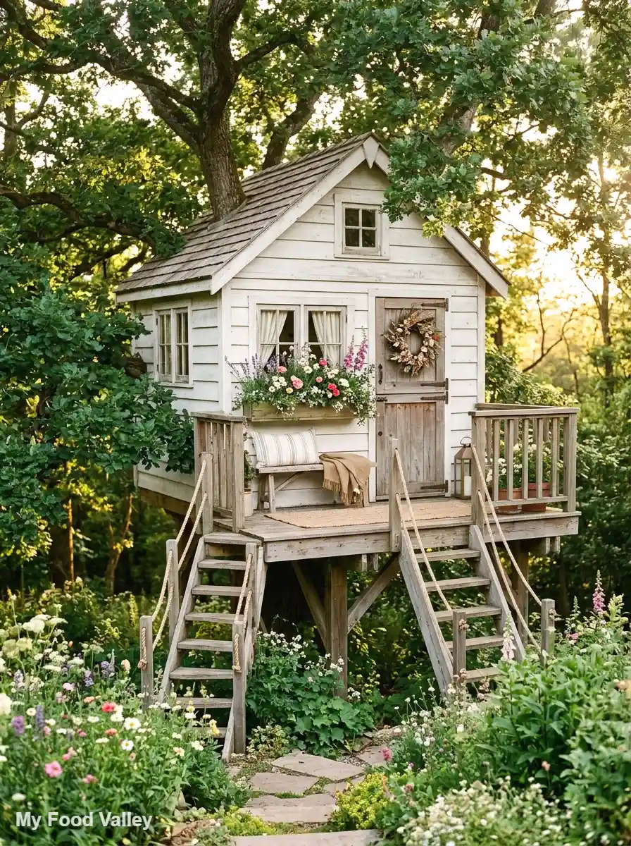 whitewashed cottage-style treehouse