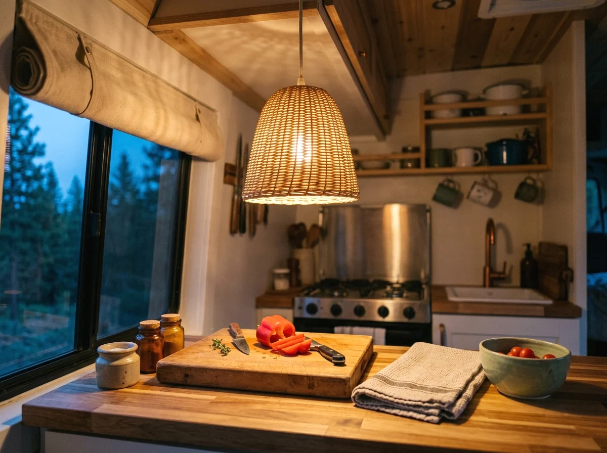 wicker pendant lampshade over the kitchenette