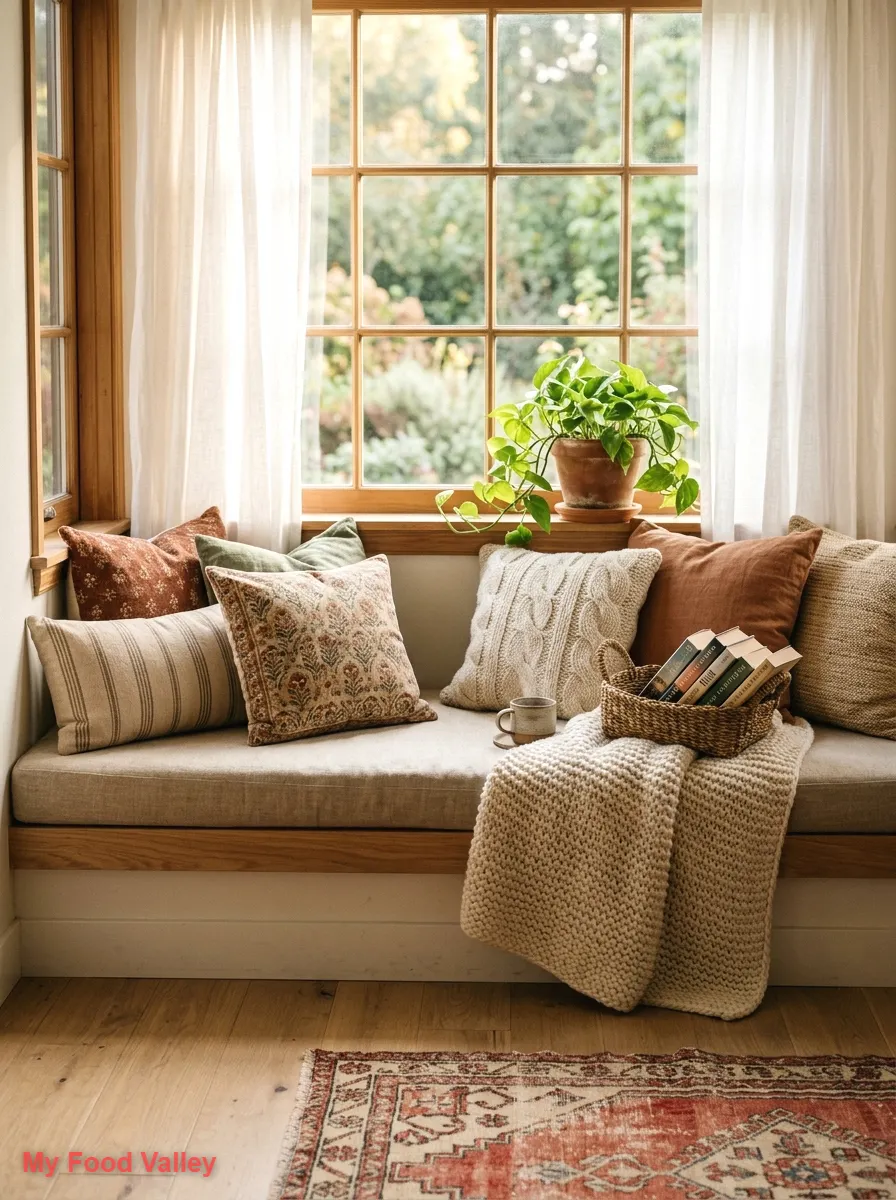 window seat with layered cushions