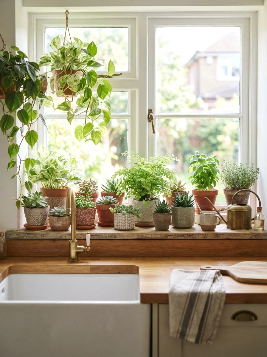 windowsill jungle with trailing plants
