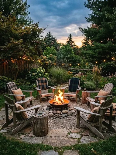 wood-burning fire pit with adirondack chairs
