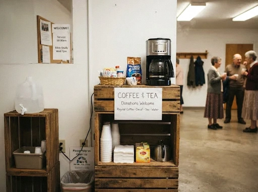 wood crate coffee station for small churches