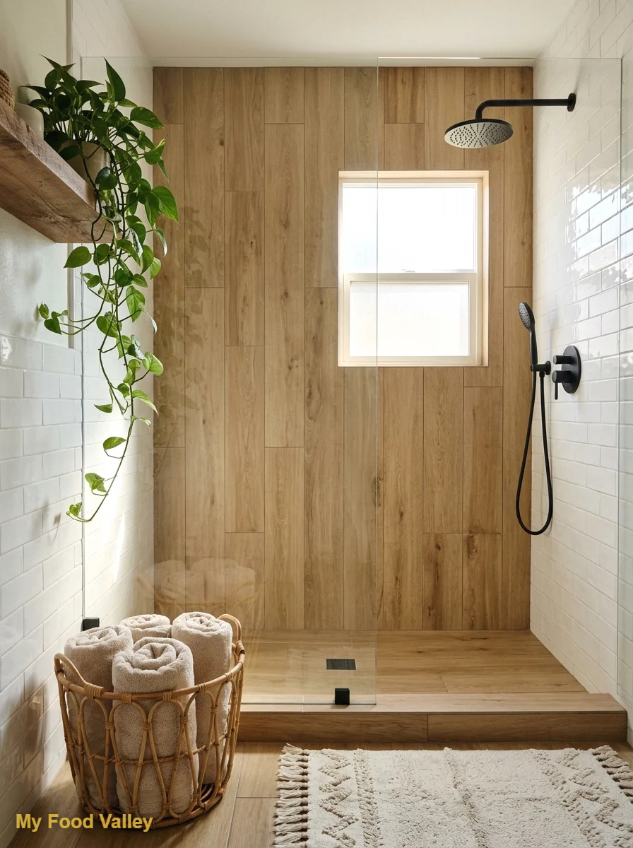 wood-look plank tiles with rattan accents