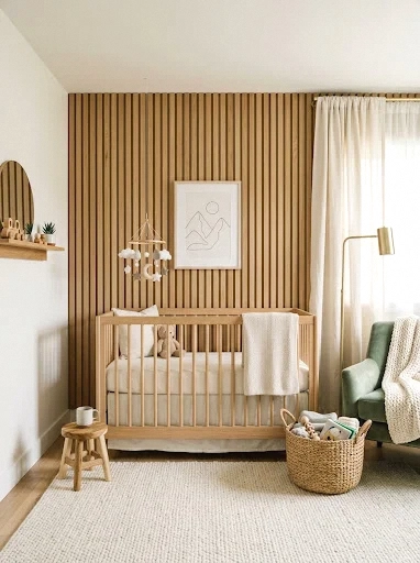 wood slat accent wall nursery