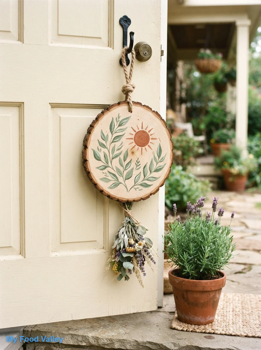 wood slice door hanger with botanical painting