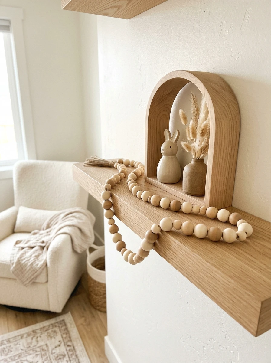 wooden bead garland and arch shelf decor