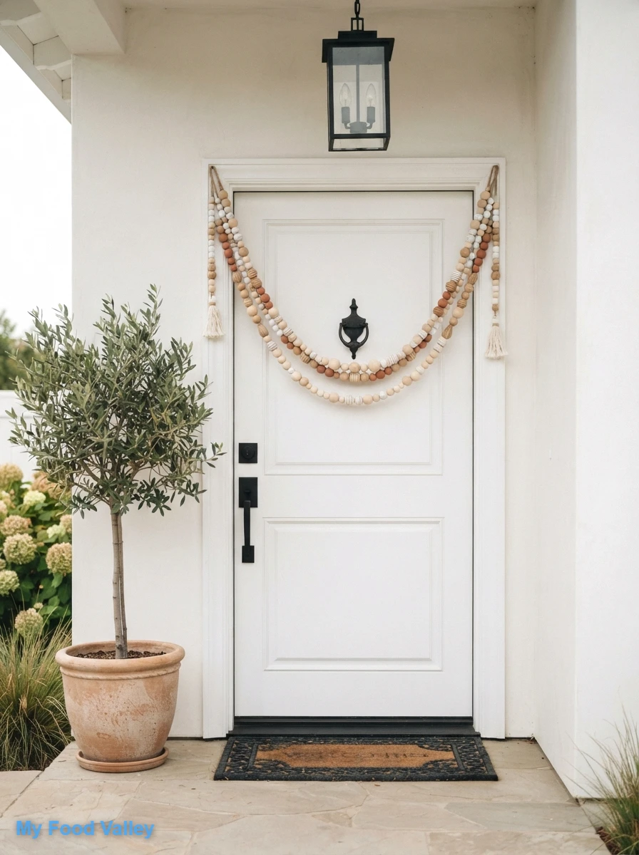 wooden bead garland draped across the frame
