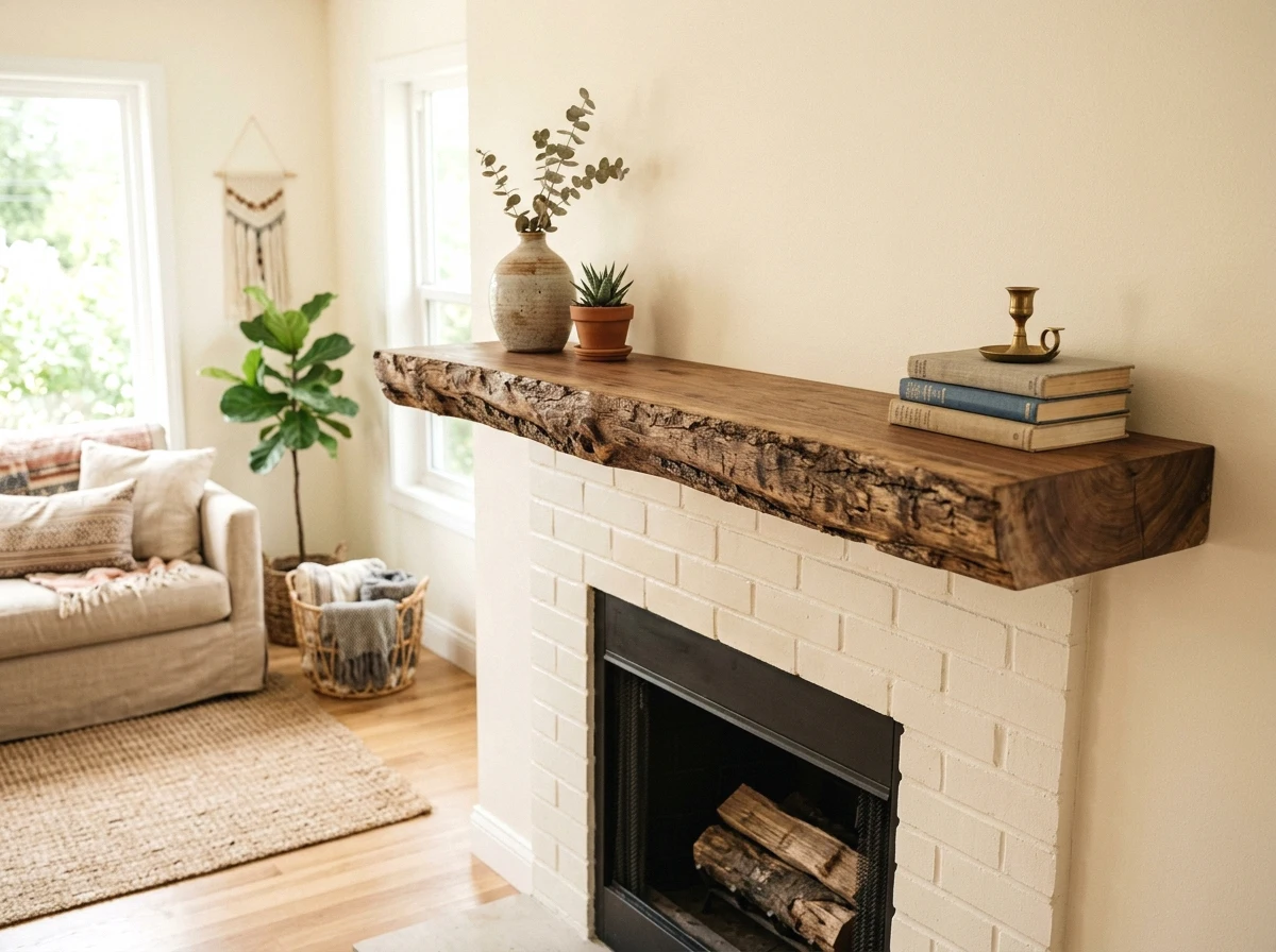 wooden floating mantel with live-edge detail