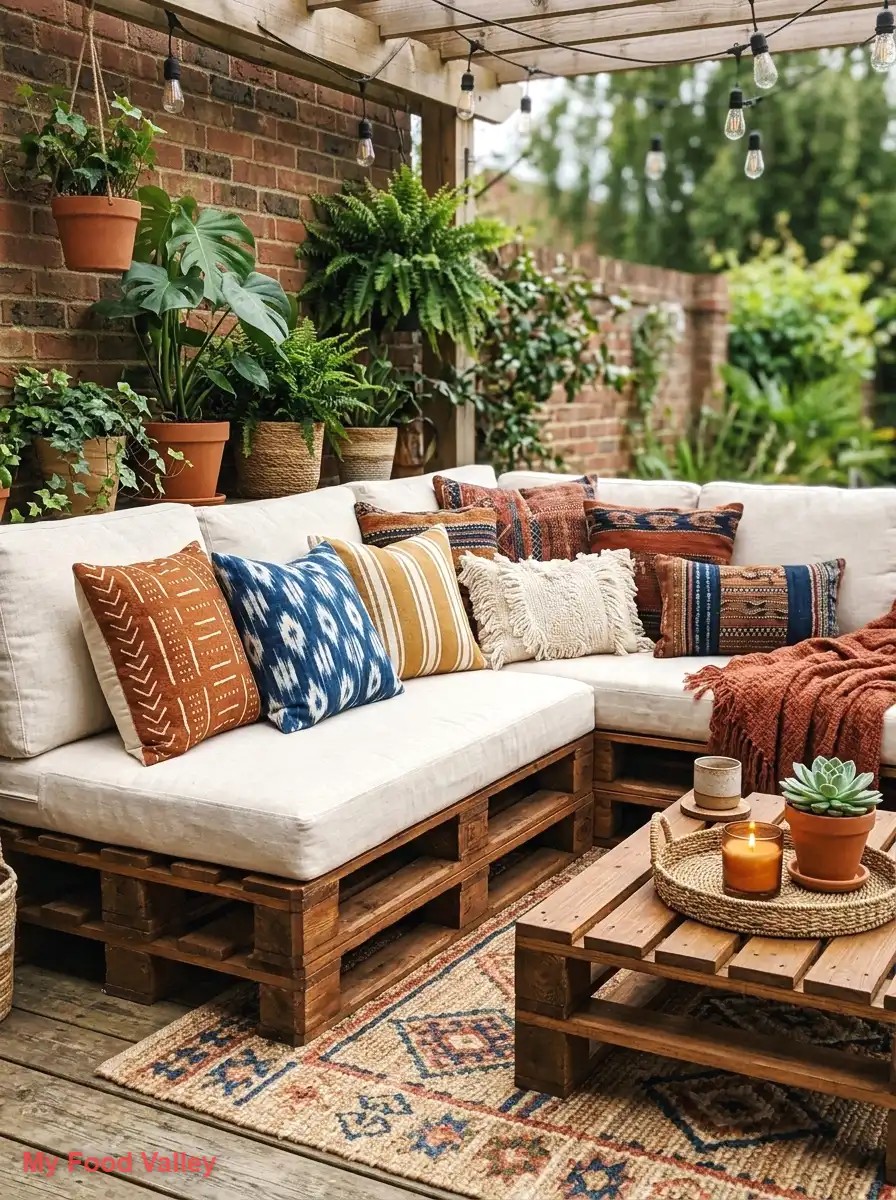 wooden pallet sofa with layered cushions