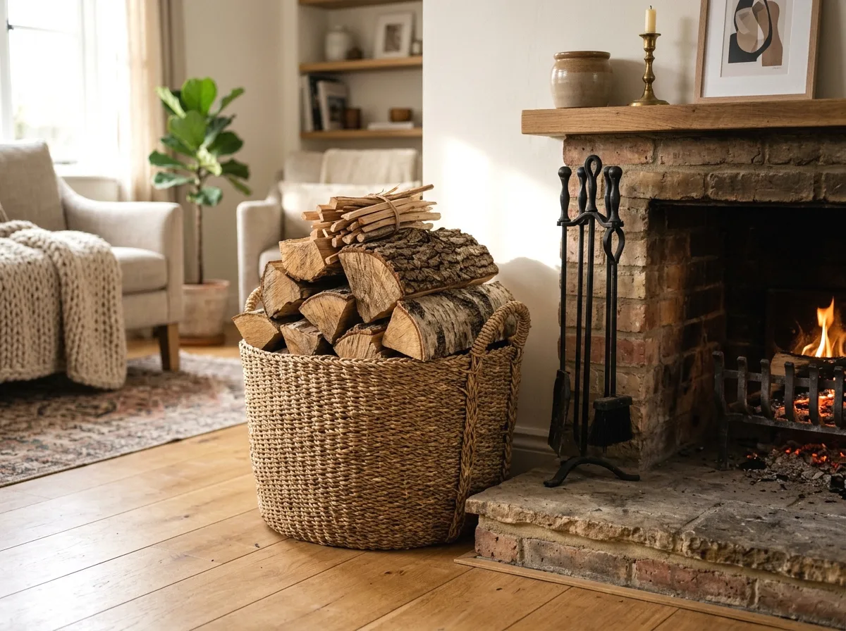 woven basket of firewood beside the hearth