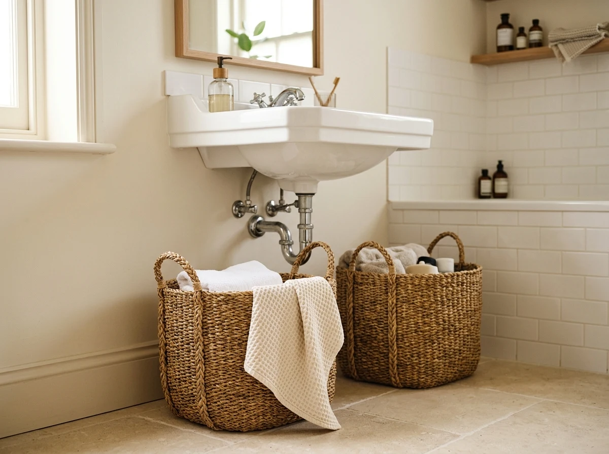 woven basket storage beneath an open sink