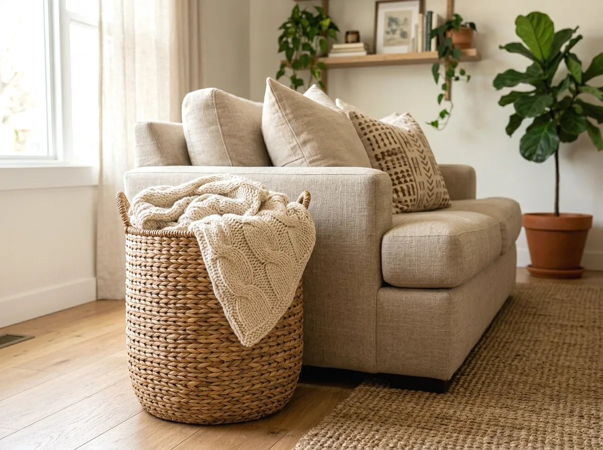 woven basket storage beside the couch