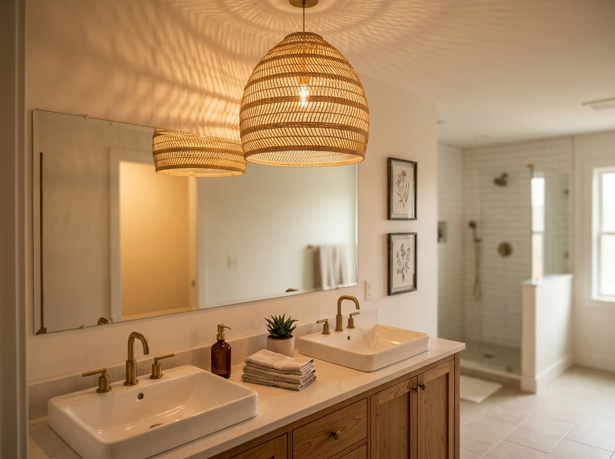 woven pendant light above a double vanity