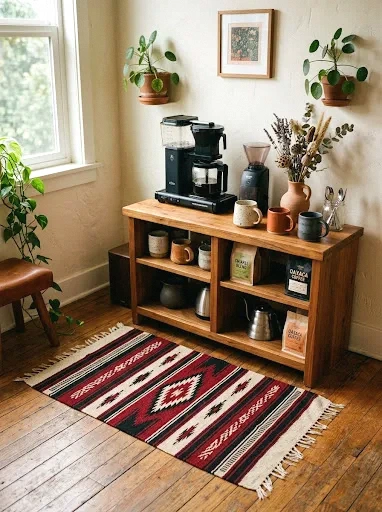 woven rug coffee corner