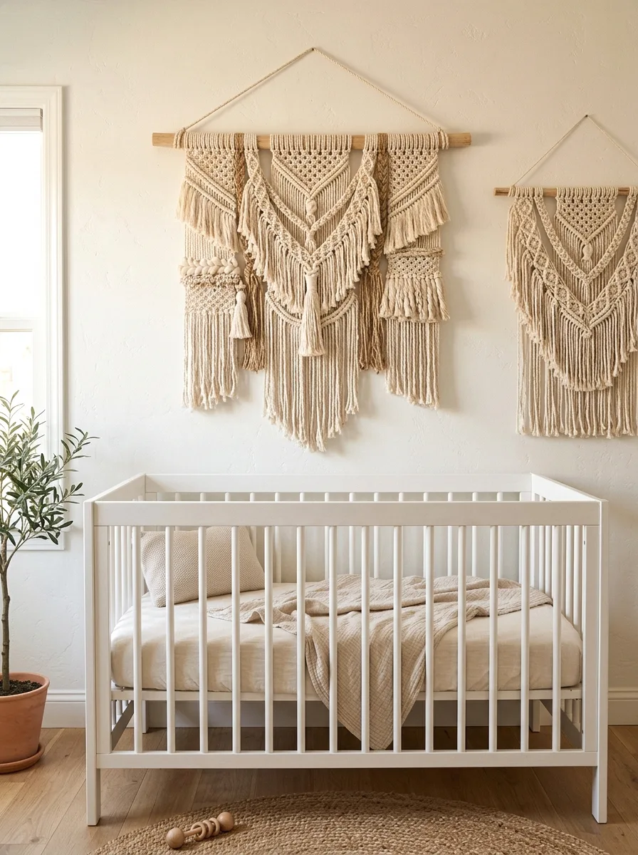 woven wall hangings above the crib