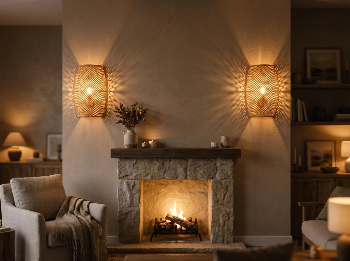 woven wall sconces flanking the fireplace