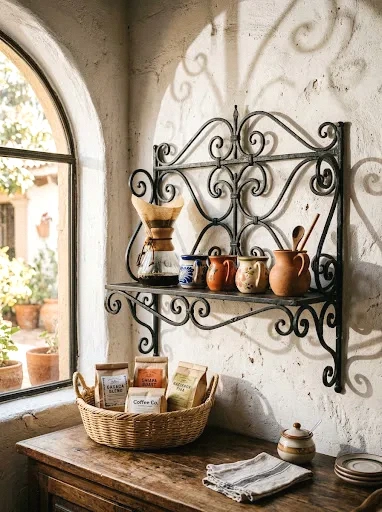 wrought iron shelf coffee station