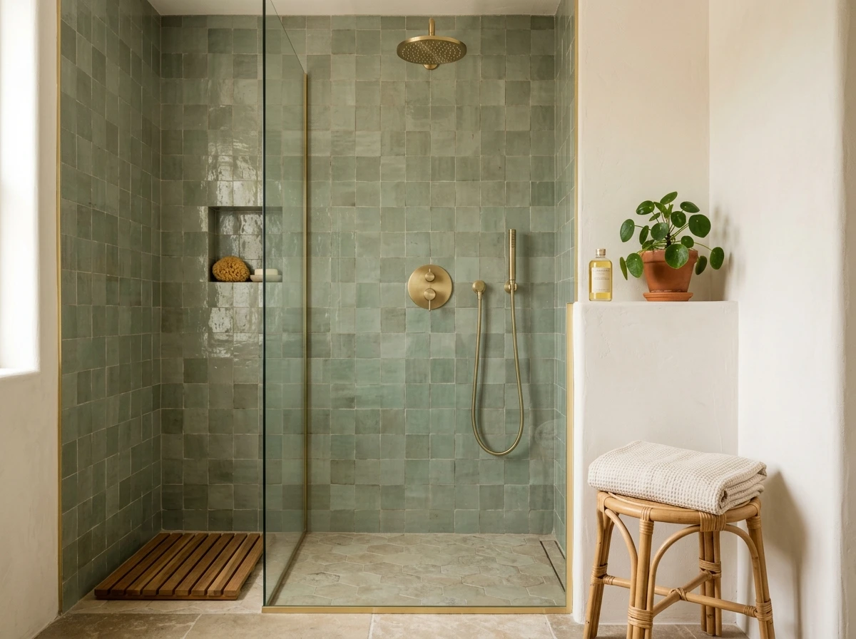 zellige-style tile shower wall